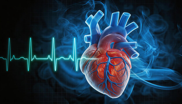 3D rendered anatomical human heart with visible blood vessels, ECG line, and smoke. Medical illustration for cardiology, health, and anatomy education.