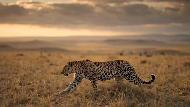 Leopard walking through golden savanna grassland at sunset during golden hour.