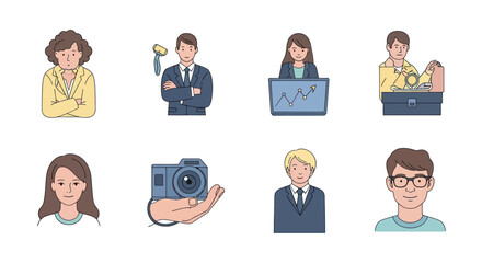 Diverse business people and technology icons including camera, briefcase, and data analysis for corporate and professional use