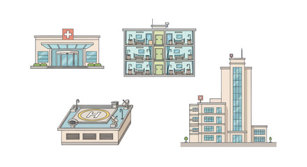 Obraz premium Illustration of hospital buildings and interiors with helipad and patient rooms, healthcare and medical facility concept for design and presentation