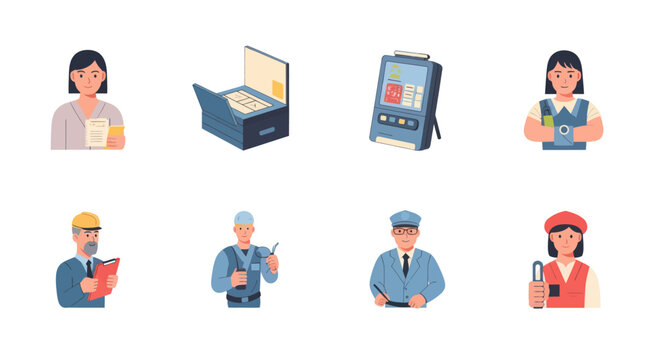 Cartoon characters representing various professions including nurse, engineer, mechanic, pilot, and artist, with tools of their trades, ideal for career or occupation concepts