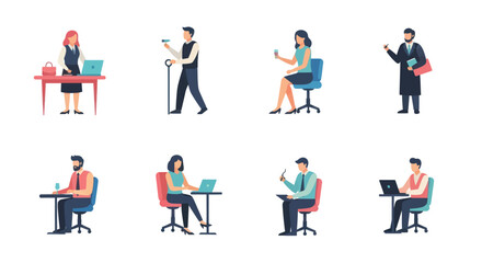 Fototapeta premium Set of diverse business people working and taking breaks with laptops and drinks in modern office chairs, perfect for corporate and office concept projects