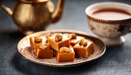 Delightful Caramel Squares With Cashews Served On Vintage Plate Alongside A Decorative Teacup Of Warm Tea
