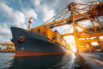 Fototapeta premium Container Ship Stalled at Port with Uneven Stacks of Cargo During Sunset
