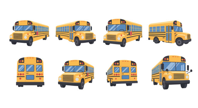 Yellow school bus different perspectives and angles vector illustration for education and transportation projects
