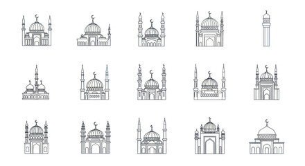 Naklejka premium Set of Islamic mosque and minaret line icons with crescent moon symbols, Arab architecture illustrations for religious and cultural design