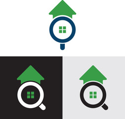 Home Search Icon With Green Roof and Magnifying Glass Symbol For Real Estate and Housing.