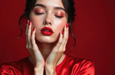 Fototapeta premium Woman with bold red makeup and nails. She wears a red satin dress. Her face is framed by her hands. Eyes closed, she shows off perfect skin and full lips.