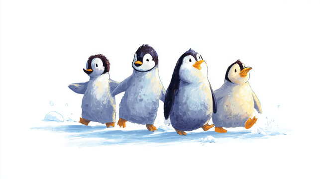 Cute cartoon penguins standing together in a playful illustration