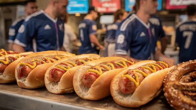 Closeup medium shot of sizzling classic stadium food like hot dogs and pretzels with steam rising and a bustling concession stand out of focus behind.