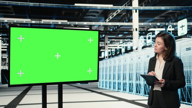 Mockup monitor used by data center admin configuring rigs using AR control panel. Server farm employee using green screen display and holographic overlay to adjust hardware settings, camera A