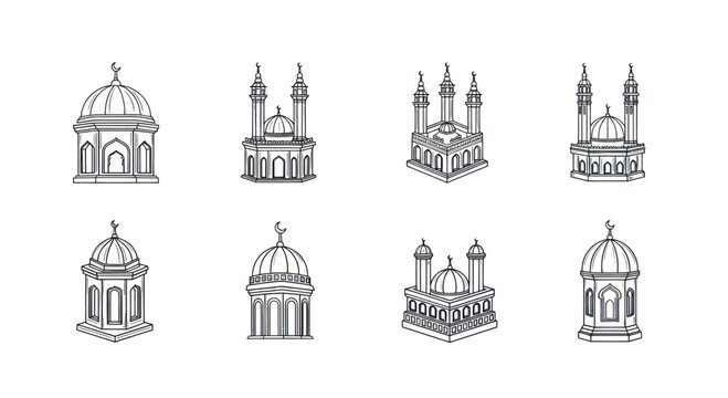 Set of Islamic mosque architectural line icons with domes and minarets, vector illustration ideal for religious, cultural, and architectural design projects