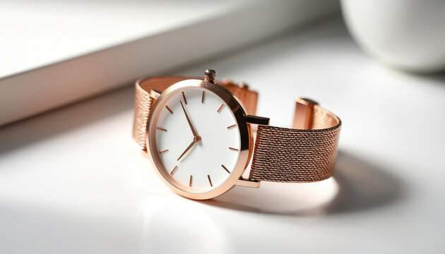 Rose gold minimalist watch with white dial and mesh band sits on white table. Elegant accessory shows simple design and luxury style, perfect for fashion.