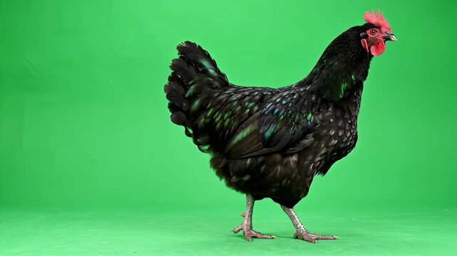 A Realistic Black Chicken Walking With Short Steps And Head Bobbing On A Green Screen Background