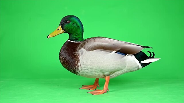 A Realistic Mallard Duck Stands Still on a Green Screen Background