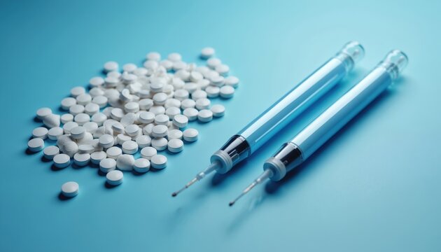 Two injection pens and pile of white pills on blue background. Medical treatment for diabetes, obesity, or weight loss. Prescription drugs for self administration.