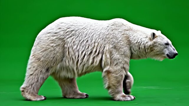 A Realistic Polar Bear Walks Slowly With Weight Shift on a Green Screen Background in Natural Lighting