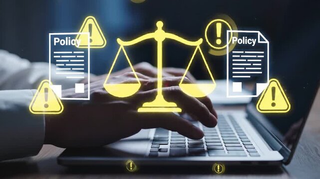 Businessman interacting with digital law and policy icons while typing on a laptop emphasizing compliance and regulatory oversight requirements