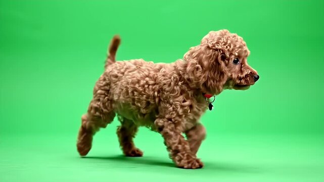 A Realistic Toy Poodle Puppy Walks Cautiously with Short Steps Against a Vibrant Green Screen Background