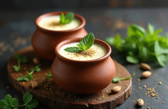 Two clay pots of Indian yogurt drink chaas with mint leaves and spices. Refreshing cool beverage served on wooden board for hot summer day. Health drink.