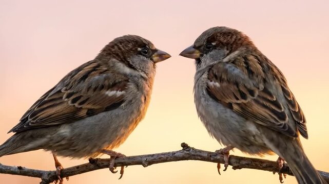 Two small house sparrows perched on bare tree branch at golden hour sunset