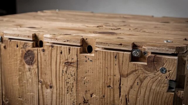 Closeup of modular scenery made from recycled wood with visible grain highlighting ecofriendly set design and lightweight assembly for sustainable touring.