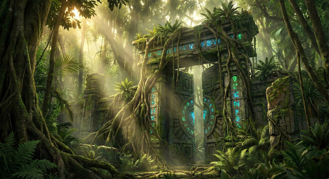 Mystical Ancient Jungle Gate Covered In Glowing Runes