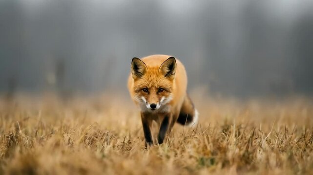 Red fox standing in dry grassy field looking directly at camera with blurry forest background