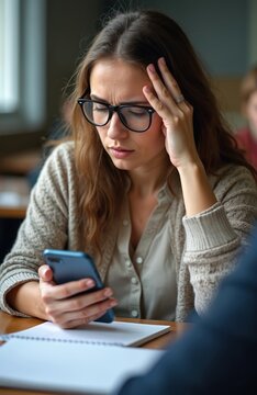 Young woman wears glasses, holds phone, touches head. Student looks distressed in class, receives bad news, feels overwhelmed by exam results or scholarship rejection. She worries.
