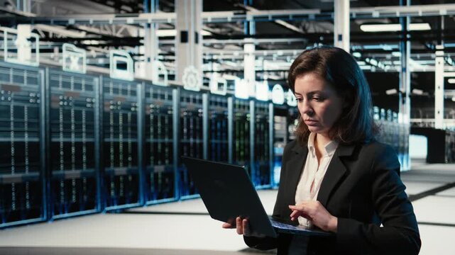 Data center admin creating digital twin scan to optimize server load balancing. Server farm IT specialist using augmented reality visualization to adjust system parameters, camera A