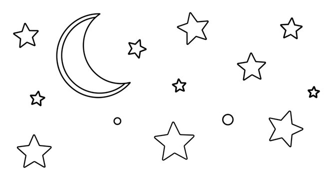 Simple outline of a crescent moon and stars on a white background