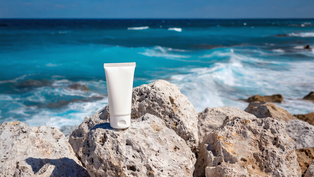 White sunscreen tube on rocky beach with ocean waves
