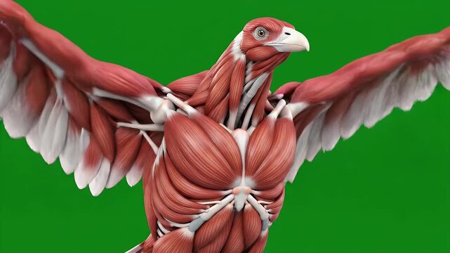 Detailed Muscular Anatomy of a Bird Mid-Wing Flap Isolated on Green Screen for Scientific Animation and Educational Purposes