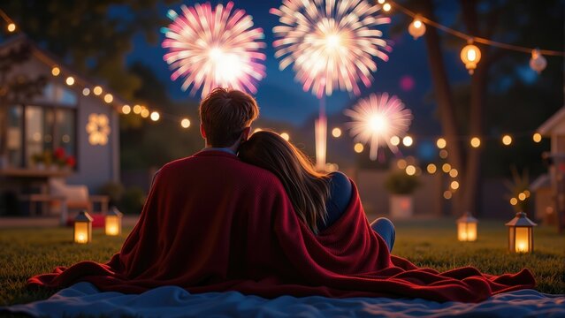 Couple sitting under red blanket watching fireworks in backyard at night. Man and woman celebrating New Year outdoors with festive lights.