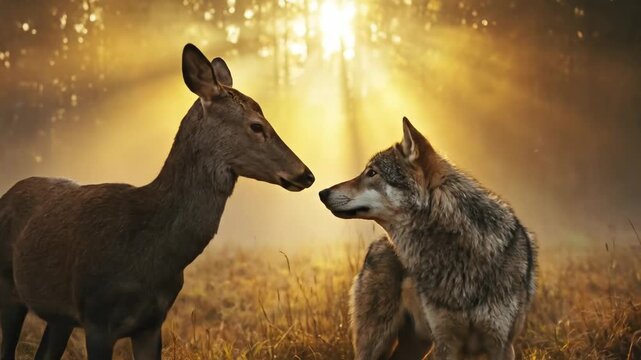 Graceful deer and powerful wolf stand attentively in a sunlit misty forest meadow as golden rays break through the trees