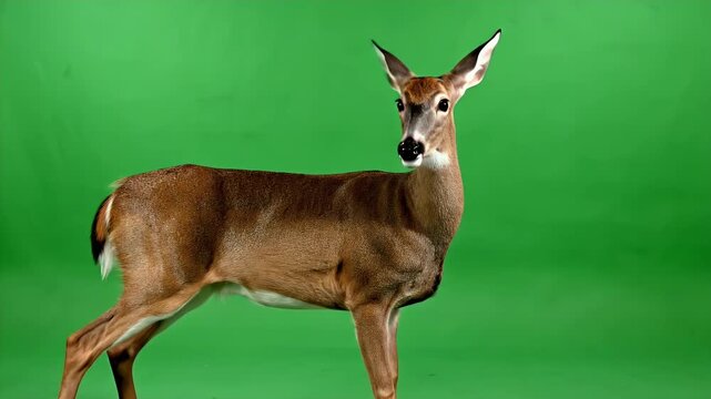 Full Body Realistic Deer Standing Alert with Rotating Ears on Green Screen Background