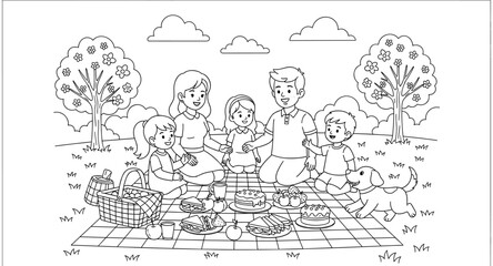Fototapeta premium Happy family enjoying a picnic with their dog in a park with trees and clouds