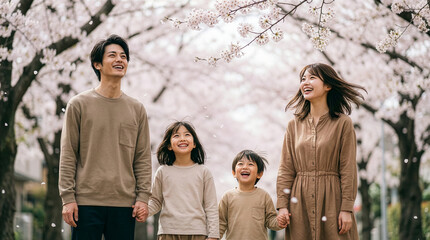 満開の桜を楽しむ笑顔の家族