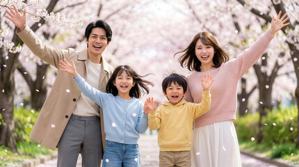 満開の桜を楽しむ笑顔の家族