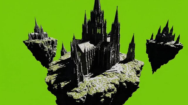 Aerial view of a mystical castle on a floating island with spires and turrets in a fantasy landscape
