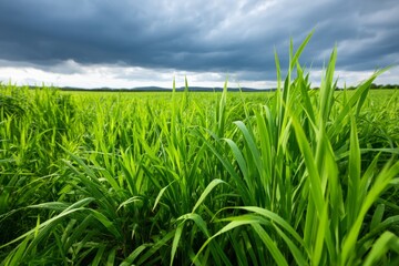 Fototapeta premium Lush Grassland with Tall Reeds Beneath Dramatic Clouds Before Rain