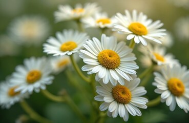 Fototapeta premium Close up of Feverfew flowers with white petals and yellow centers. Delicate blossoms grow on green stems in soft light. Natural floral backdrop for health and wellness themes.