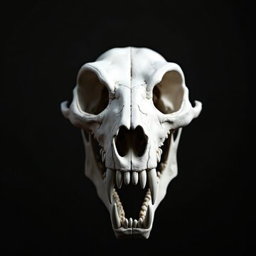 Close up of white wolf skull, realistic bone detail with sharp teeth. Canine anatomy study specimen. Dark background emphasizes eerie realism and science.