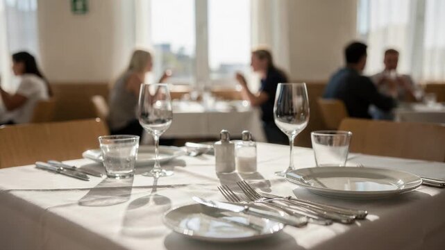 Bright midday dining room with crisp table settings sharply in focus ambient sunlight and blurred diners adding to the casual and welcoming vibe.