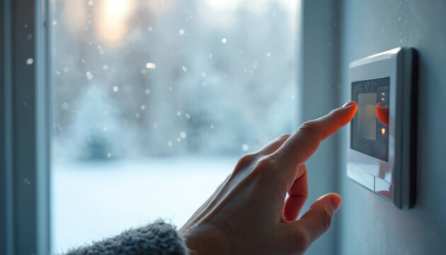 Hand touches smart light switch. Snowy winter landscape seen through window. Adjusting room temperature for comfort indoors. Modern home control interface.
