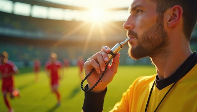 Soccer referee blows whistle on green field. Players in red uniforms run during championship match. Sunlight shines on the stadium during evening game.