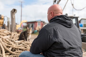 Mechanic in Dockside Setting with Cat and Repair Tools Emphasizing Hard Work