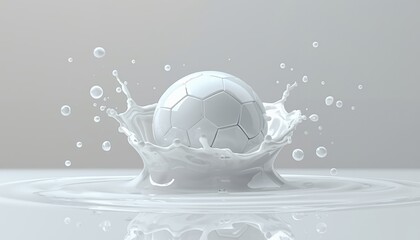 Naklejka premium A white soccer ball makes a splash in a pool of water with ripples and bubbles