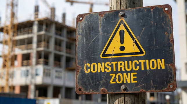 Construction zone warning sign with building site in background  