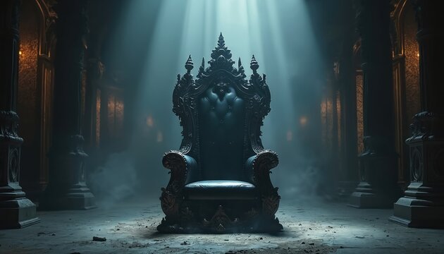 Ornate dark throne sits in ancient hall. Light beams shine down on of power. Mysterious gothic chair is detailed and grand. Luxury evokes fantasy kingdom.